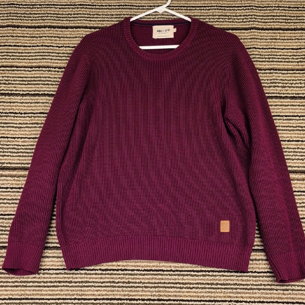 NN07 Muri Berry Merlot Red Waffle Knit Cotton Mens Large Crewneck‎ Sweater